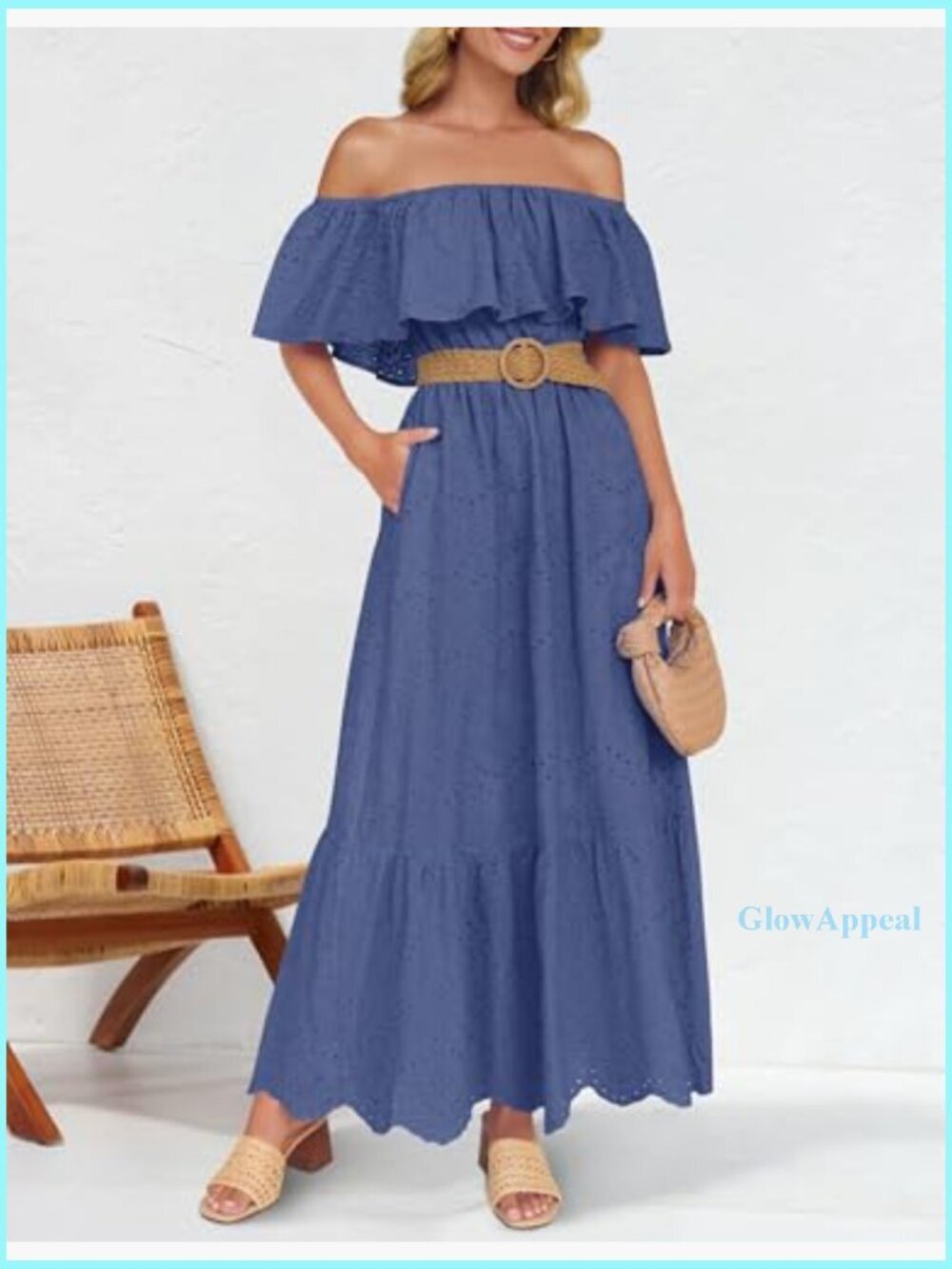 Off Shoulder Ruffle Midi Dress Hollow Out Embroidery High Waist Party - Picture 4 of 7